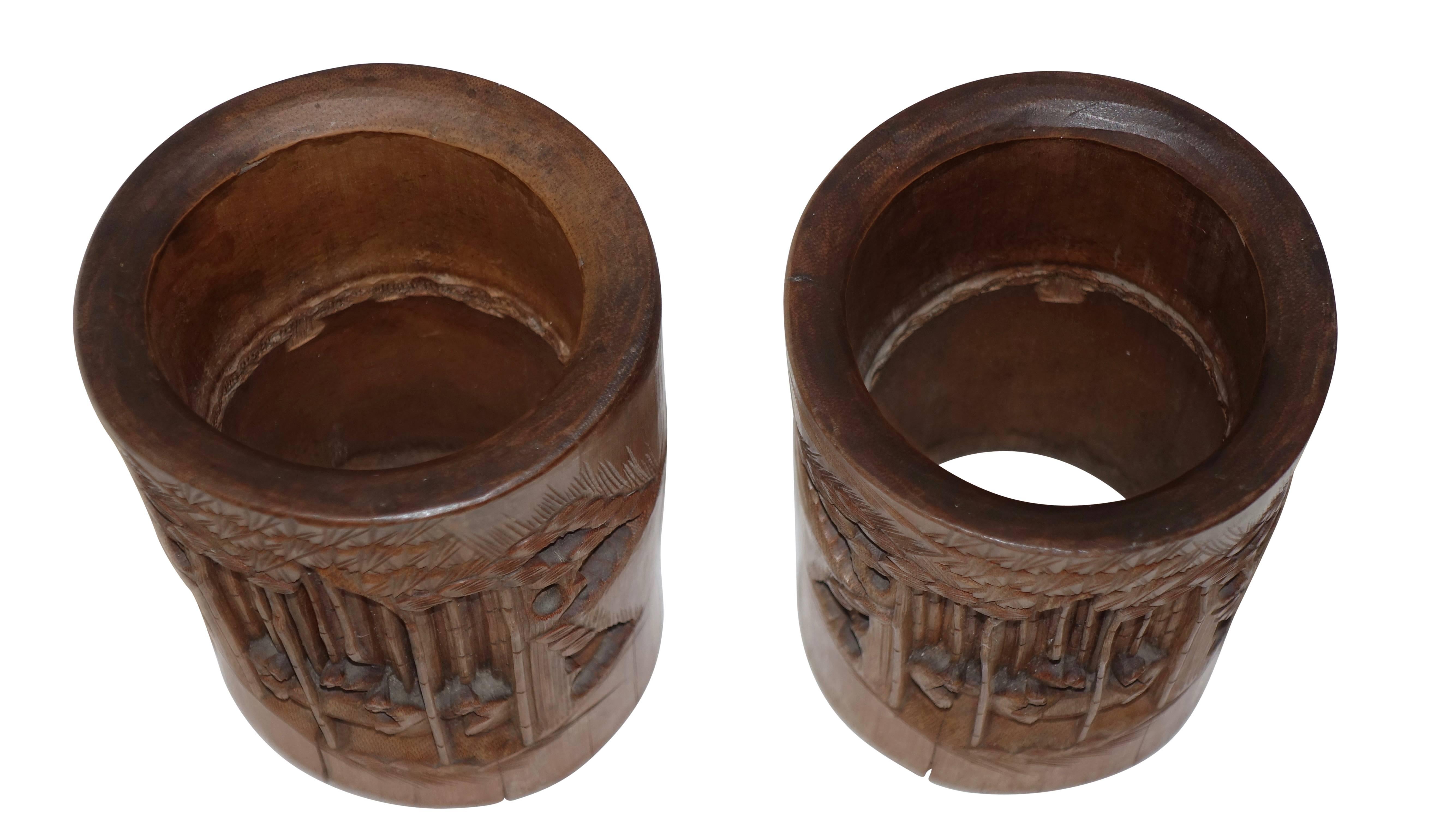 Pair of Hand-Carved Bamboo Brush Pots, Japanese, 19th Century 2