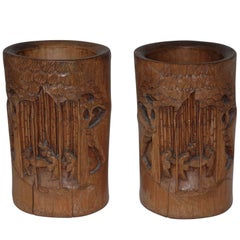 Pair of Hand-Carved Bamboo Brush Pots, Japanese, 19th Century