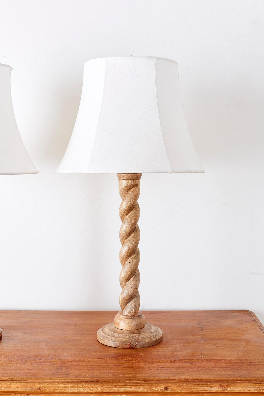 Rustic Pair of Hand Carved Barley Twist Table Lamps