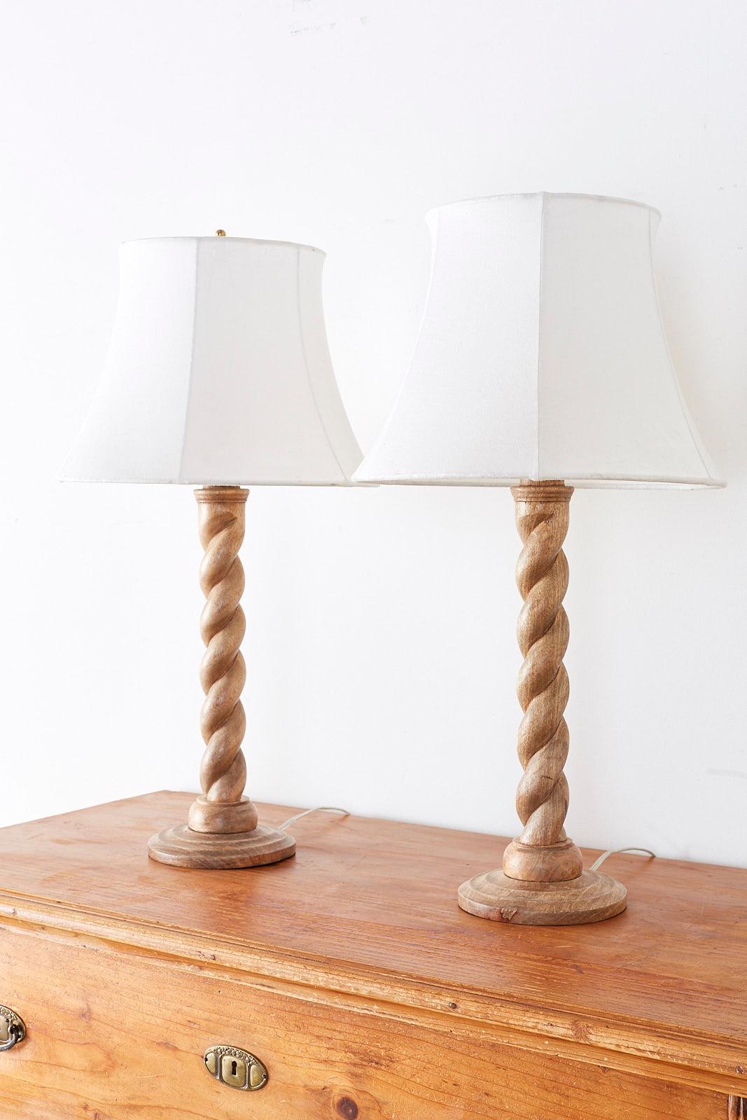 20th Century Pair of Hand Carved Barley Twist Table Lamps