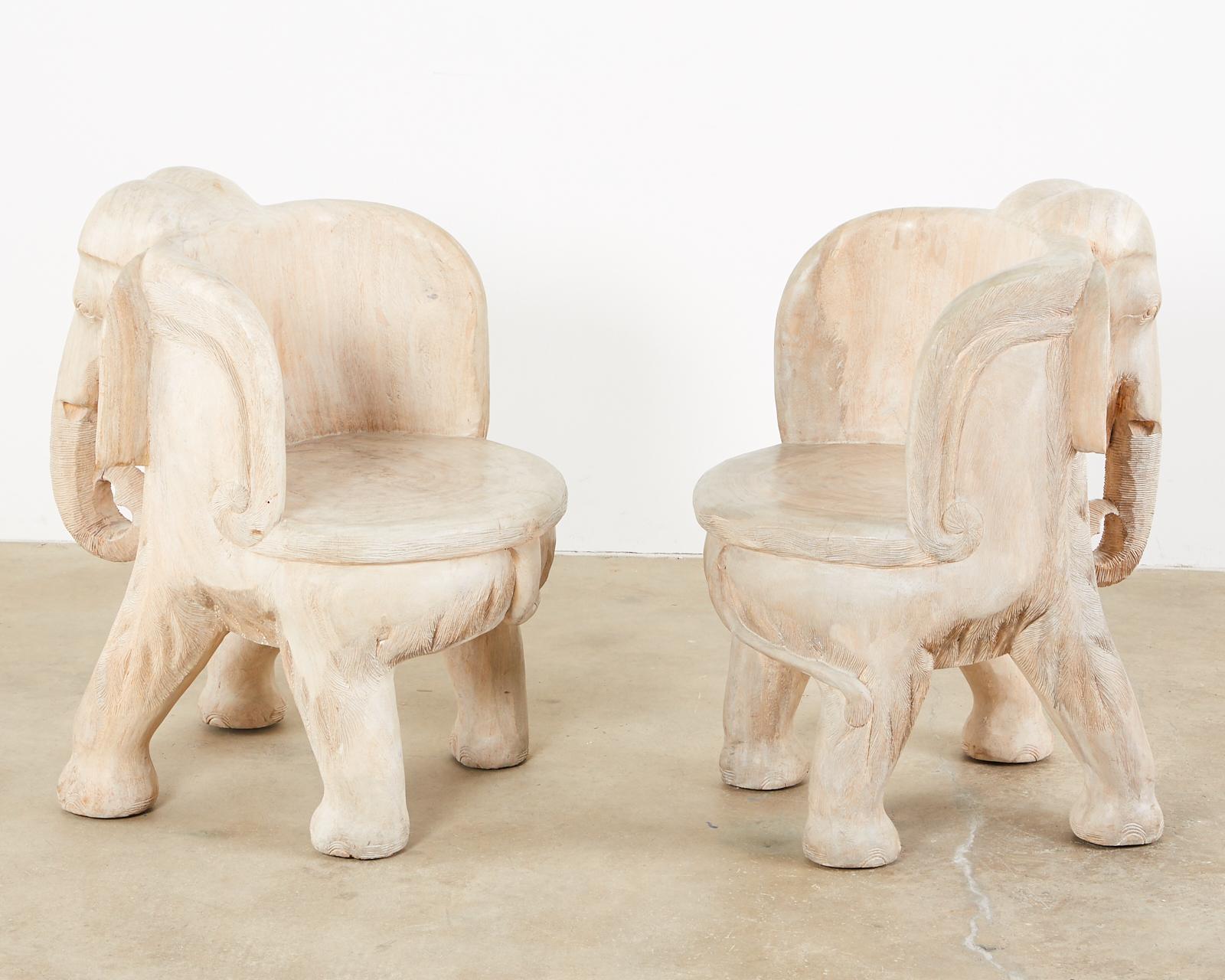 Pair of Hand Carved Bleached Hardwood Elephant Chairs 3