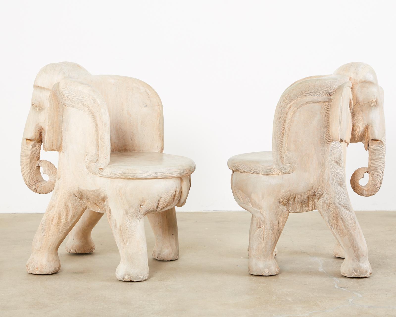 Pair of Hand Carved Bleached Hardwood Elephant Chairs 5