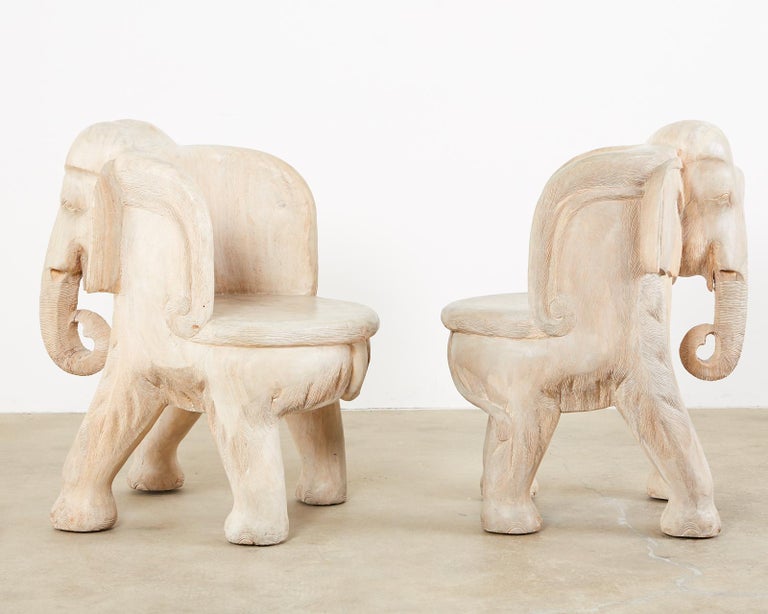 Pair of Hand Carved Bleached Hardwood Elephant Chairs at 1stDibs