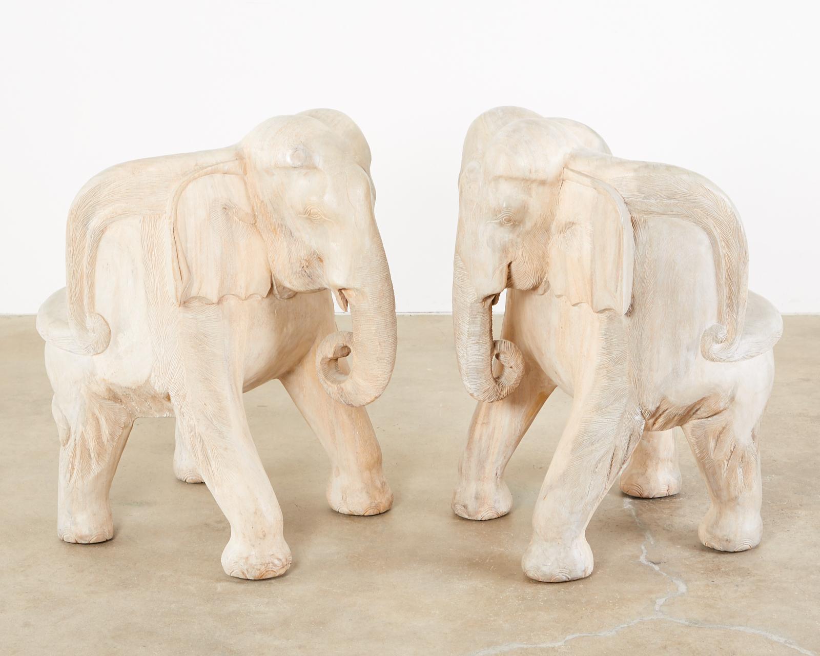Anglo-Indian Pair of Hand Carved Bleached Hardwood Elephant Chairs