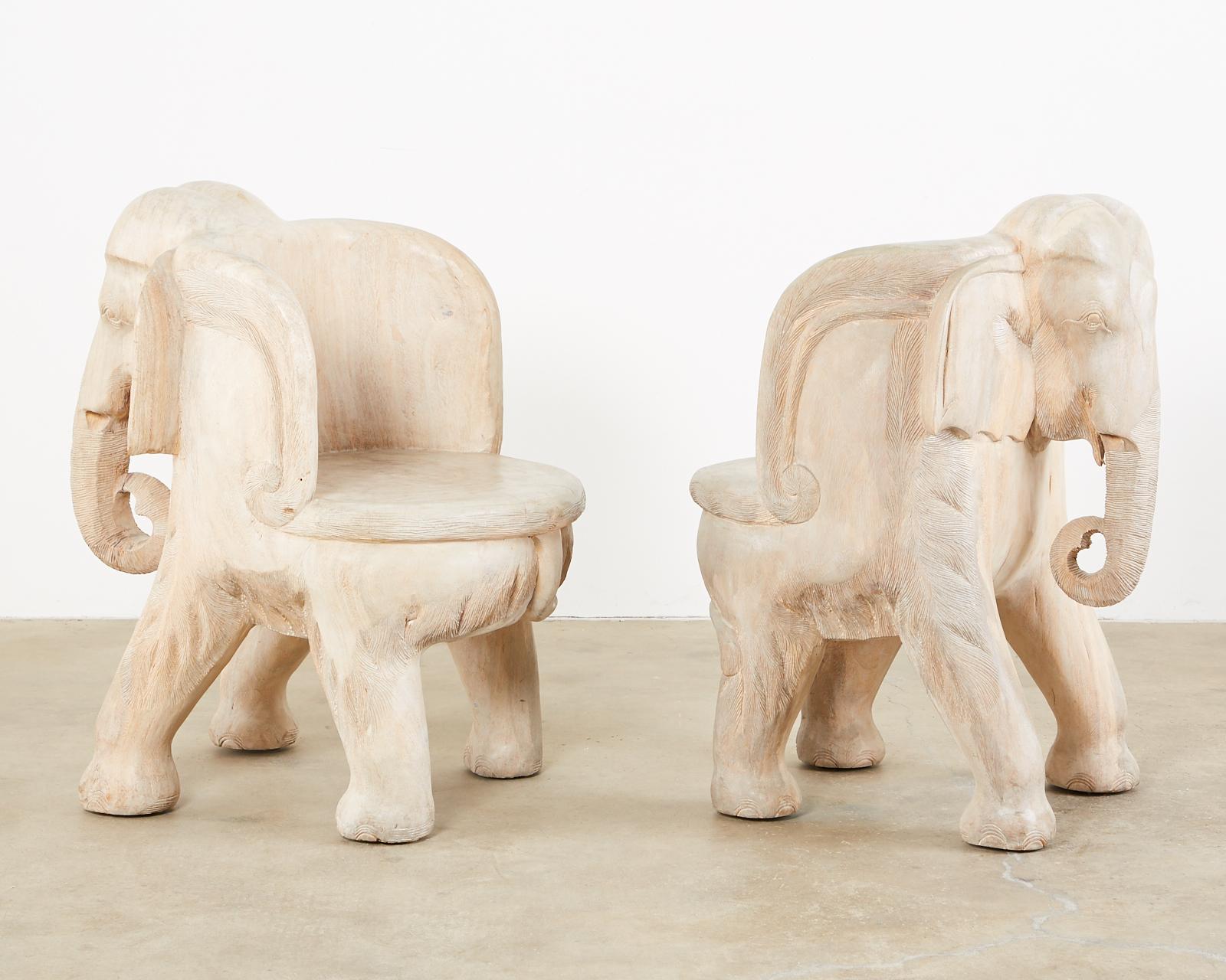 Thai Pair of Hand Carved Bleached Hardwood Elephant Chairs