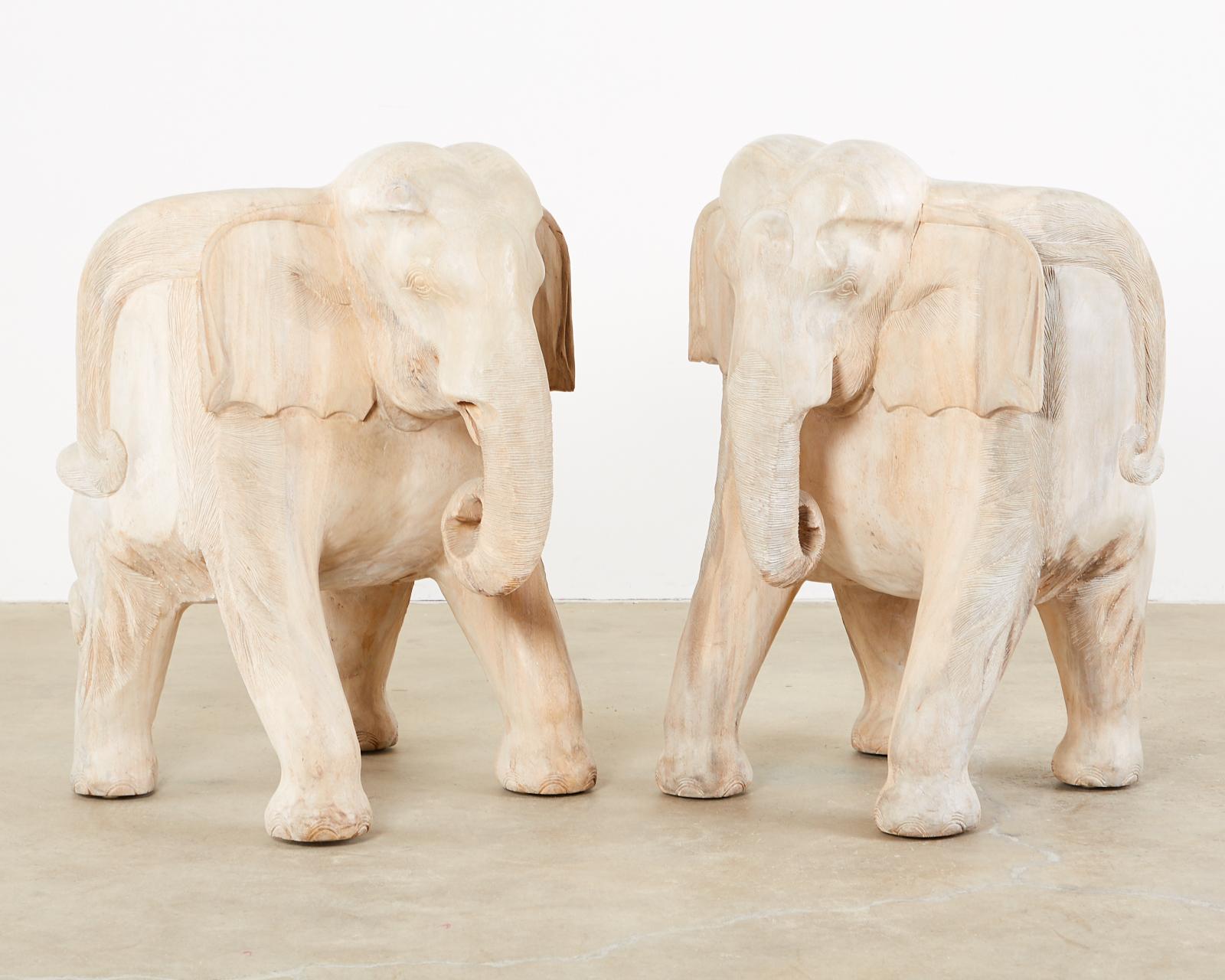 Hand-Crafted Pair of Hand Carved Bleached Hardwood Elephant Chairs