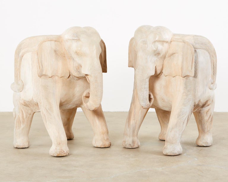 Pair of Hand Carved Bleached Hardwood Elephant Chairs at 1stDibs