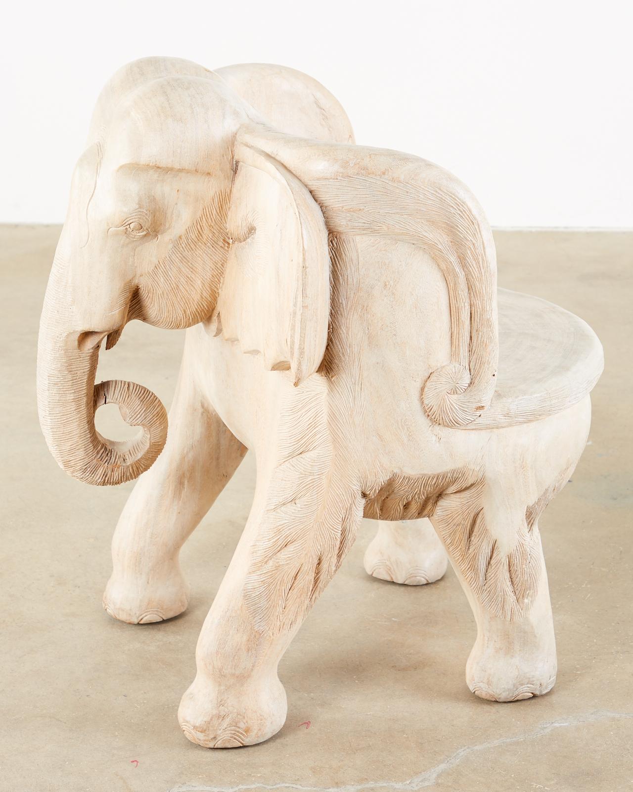 Pair of Hand Carved Bleached Hardwood Elephant Chairs In Good Condition In Rio Vista, CA