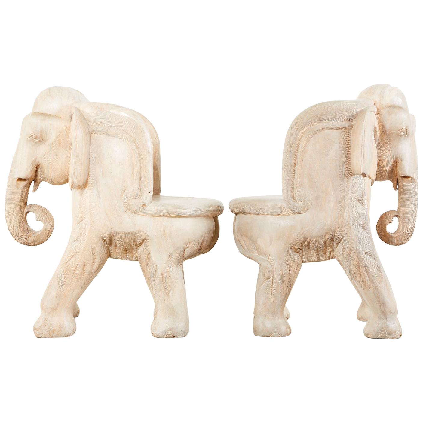 Pair of Hand Carved Bleached Hardwood Elephant Chairs
