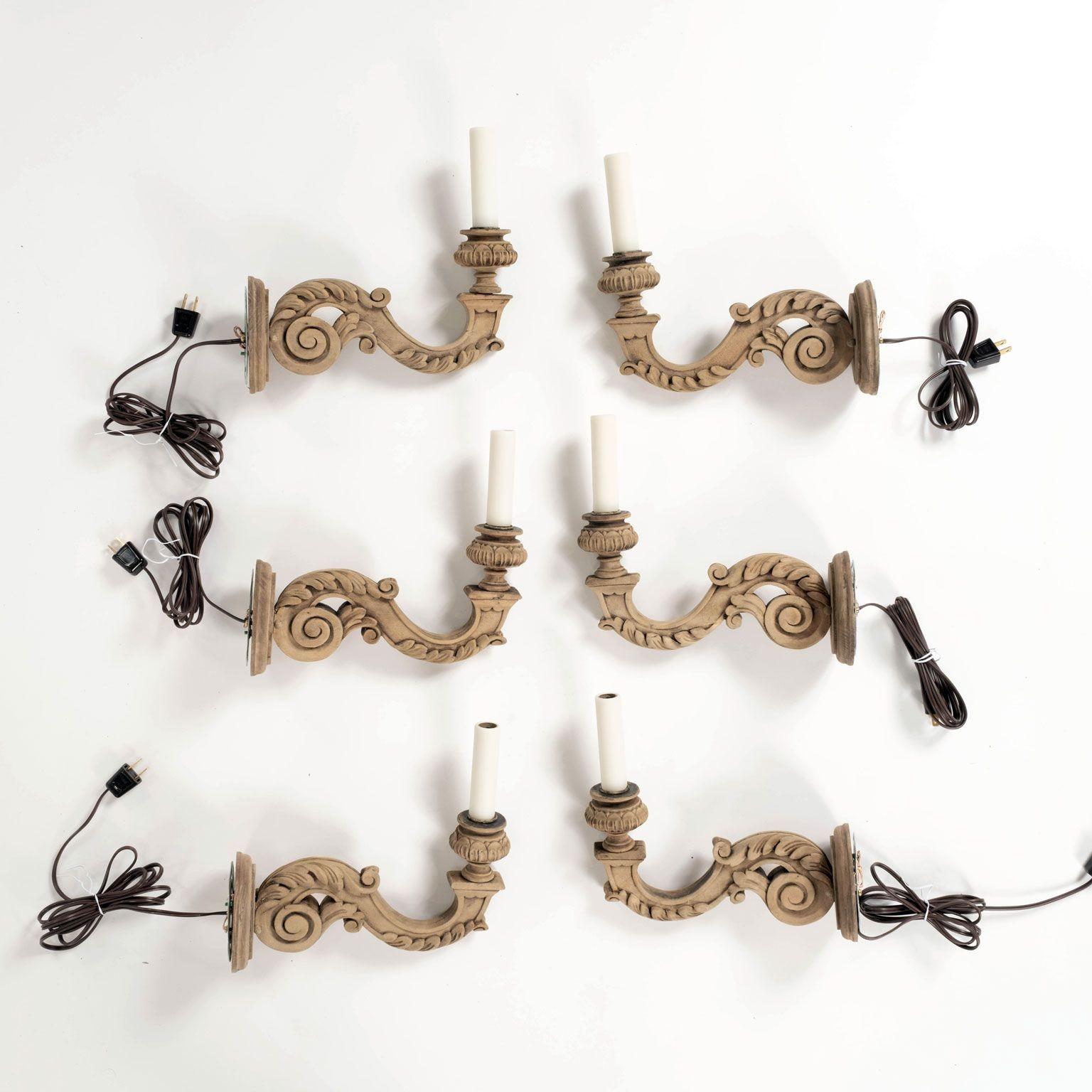 Pair of Hand-Carved Bleached Walnut Single-Arm Sconces For Sale 4