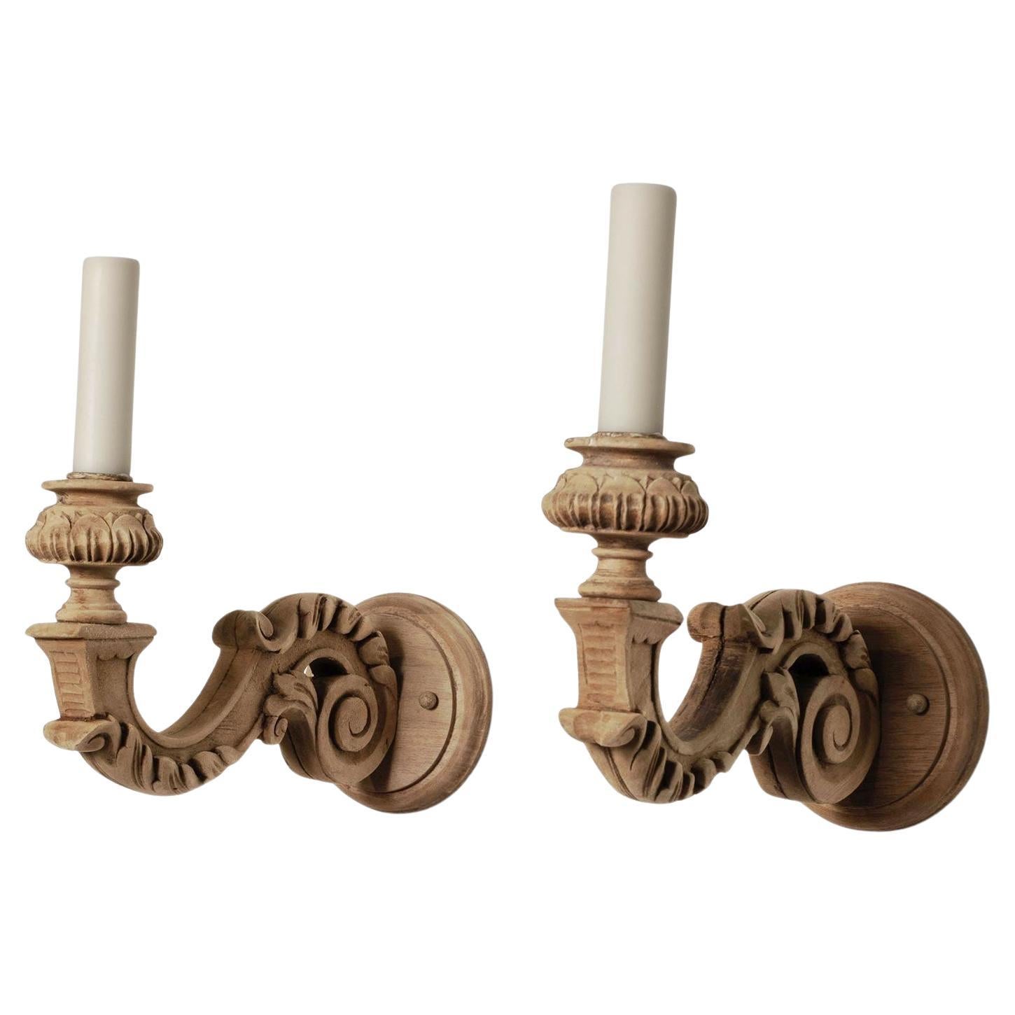 Pair of Hand-Carved Bleached Walnut Single-Arm Sconces For Sale