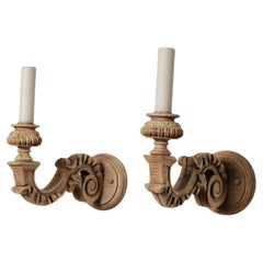 Pair of Hand-Carved Bleached Walnut Single-Arm Sconces