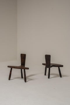 Pair of Hand-Carved Brutalist Wooden Chairs, France, 1950s