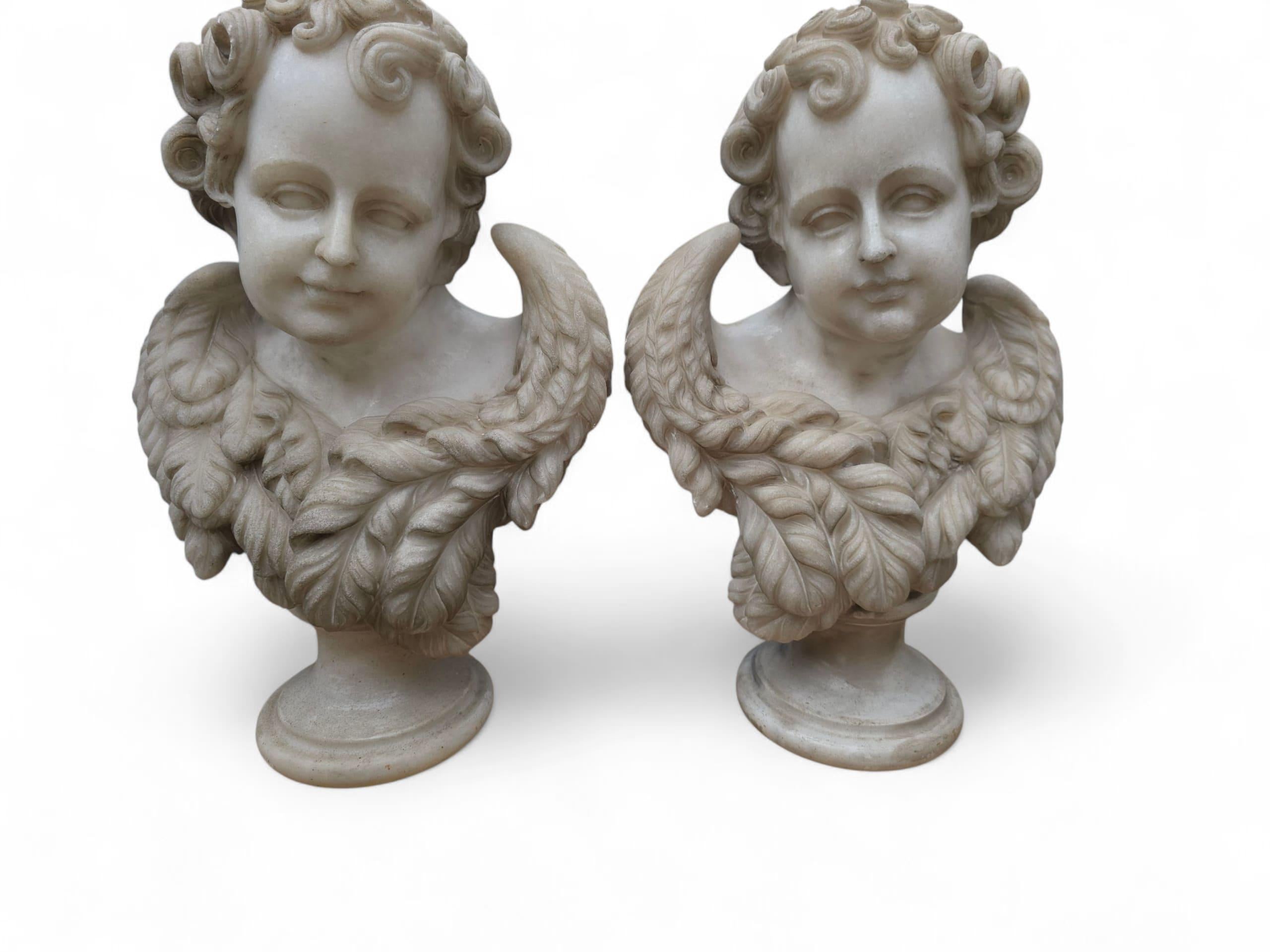 Late 20th Century Pair of Hand-Carved Carrara Marble Cherub Busts, Italy, 20th Century For Sale
