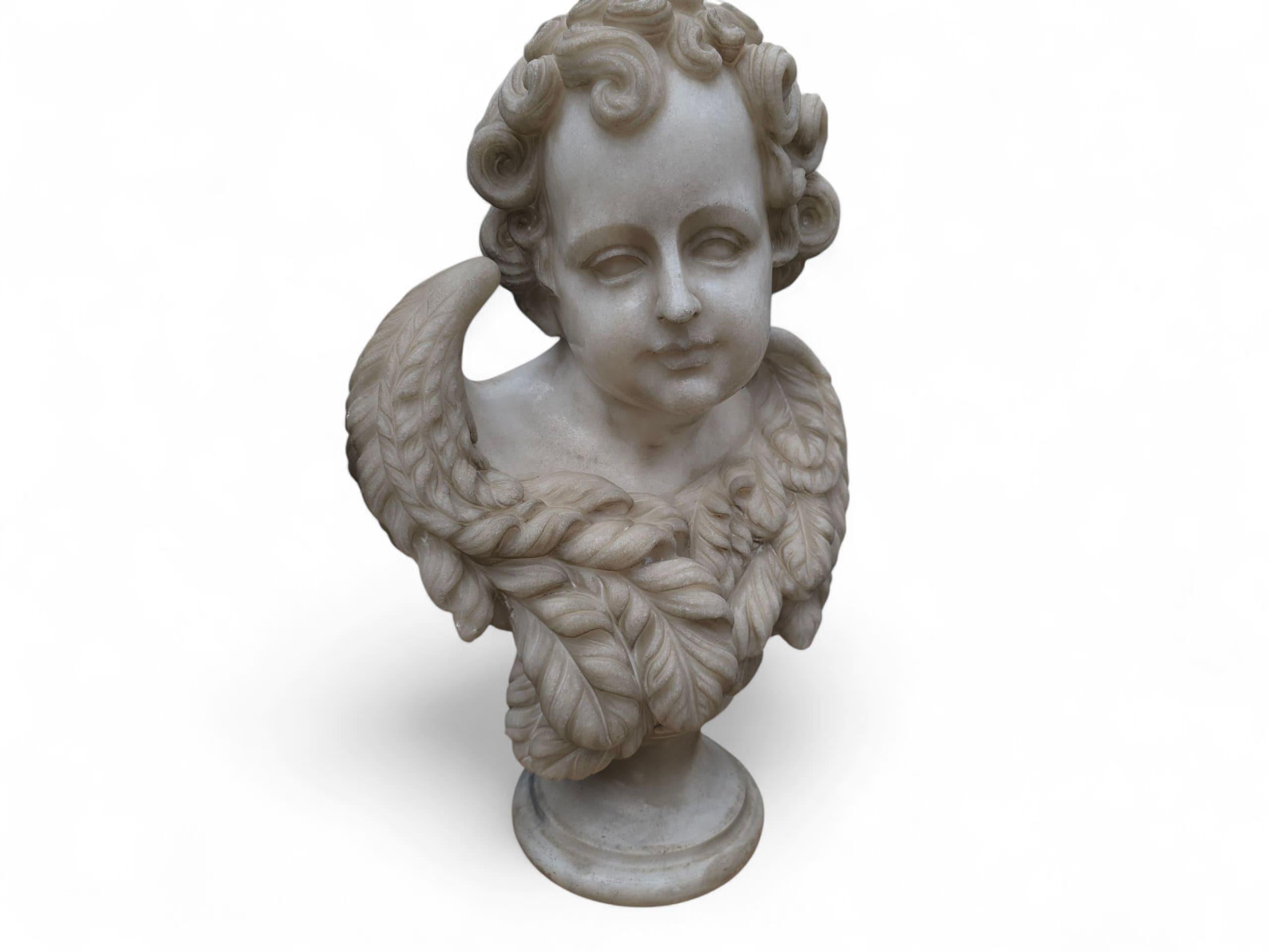 Pair of Hand-Carved Carrara Marble Cherub Busts, Italy, 20th Century For Sale 1