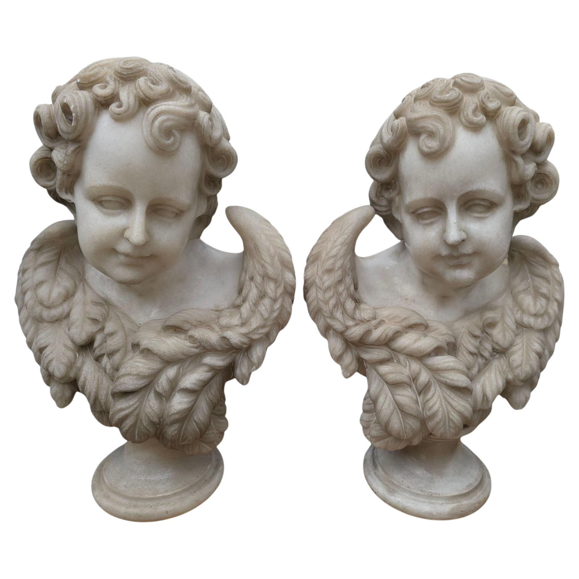 Pair of Hand-Carved Carrara Marble Cherub Busts, Italy, 20th Century For Sale