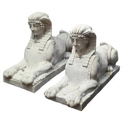 Pair of Hand-Carved Carrara Marble Sphinxes, Egyptian Revival, France