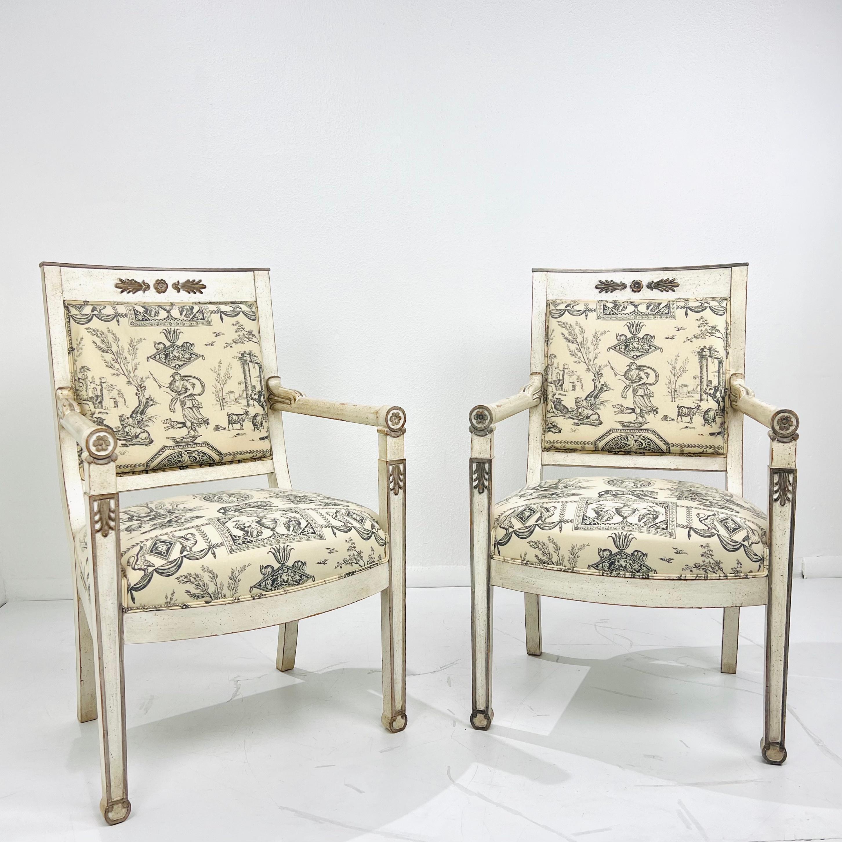 European Pair of Hand Carved Cherrywood Directoire Armchairs For Sale