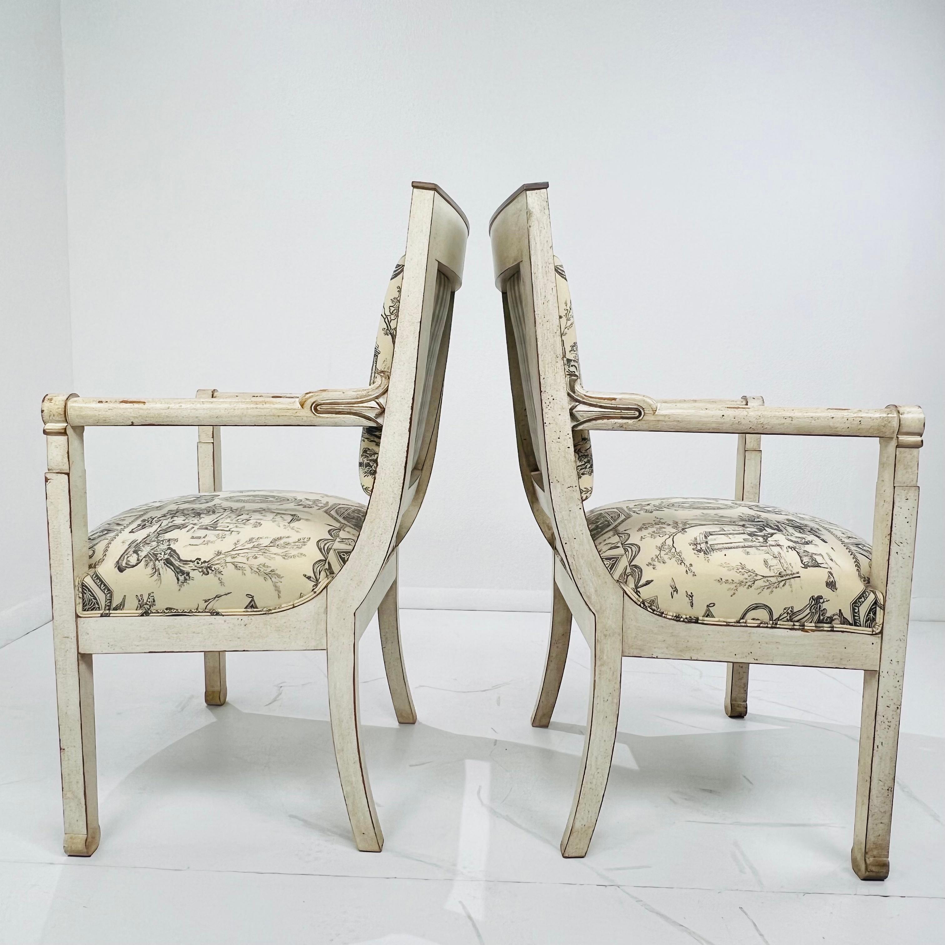 Hand-Carved Pair of Hand Carved Cherrywood Directoire Armchairs For Sale
