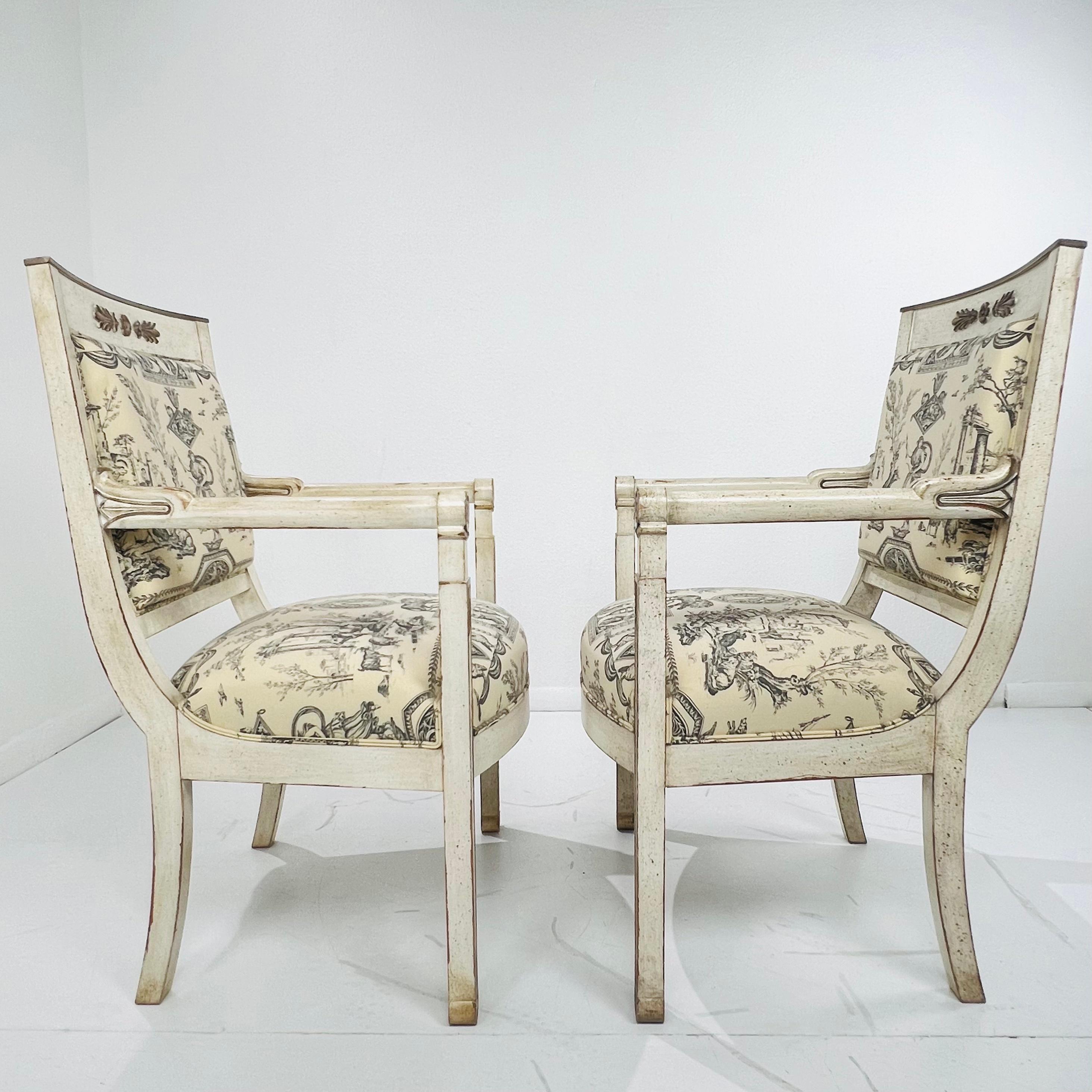 Upholstery Pair of Hand Carved Cherrywood Directoire Armchairs For Sale