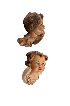 Pair of Hand Carved Cherub Angel Head, Anri, Italy, 1980s