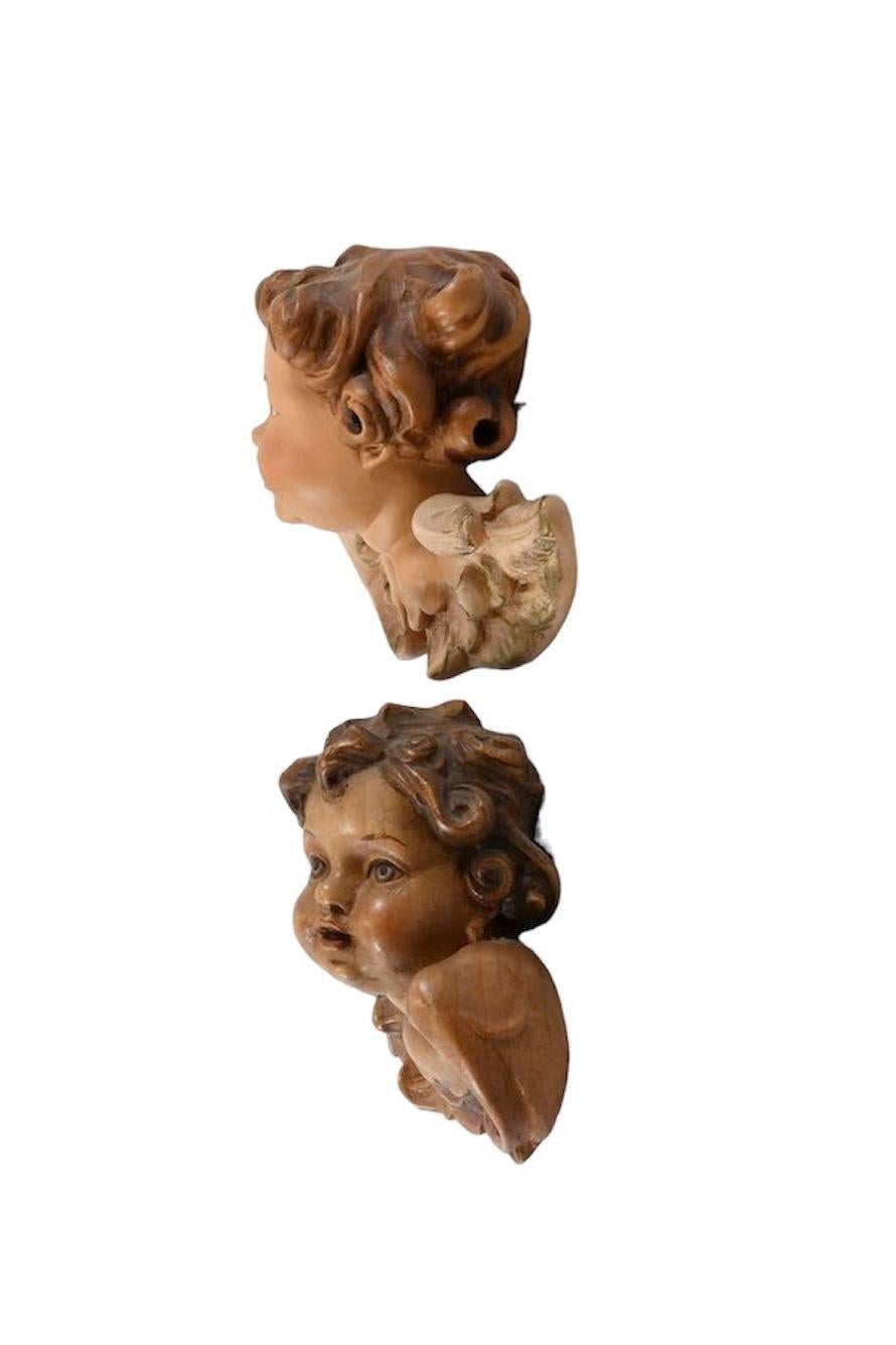 Italian Pair of Hand Carved Cherub Angel Head, Anri, Italy, 1980s For Sale