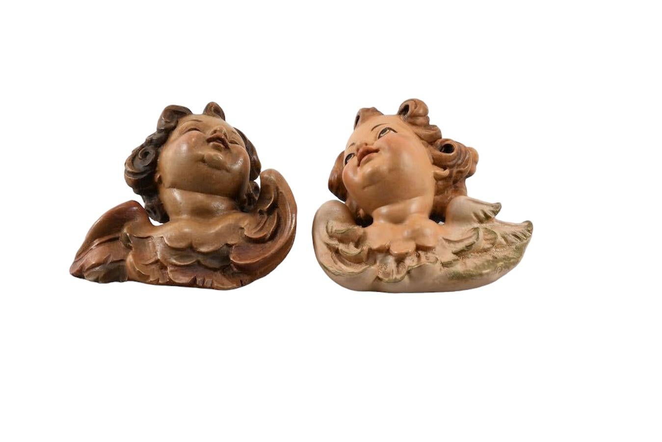 Hand-Carved Pair of Hand Carved Cherub Angel Head, Anri, Italy, 1980s For Sale