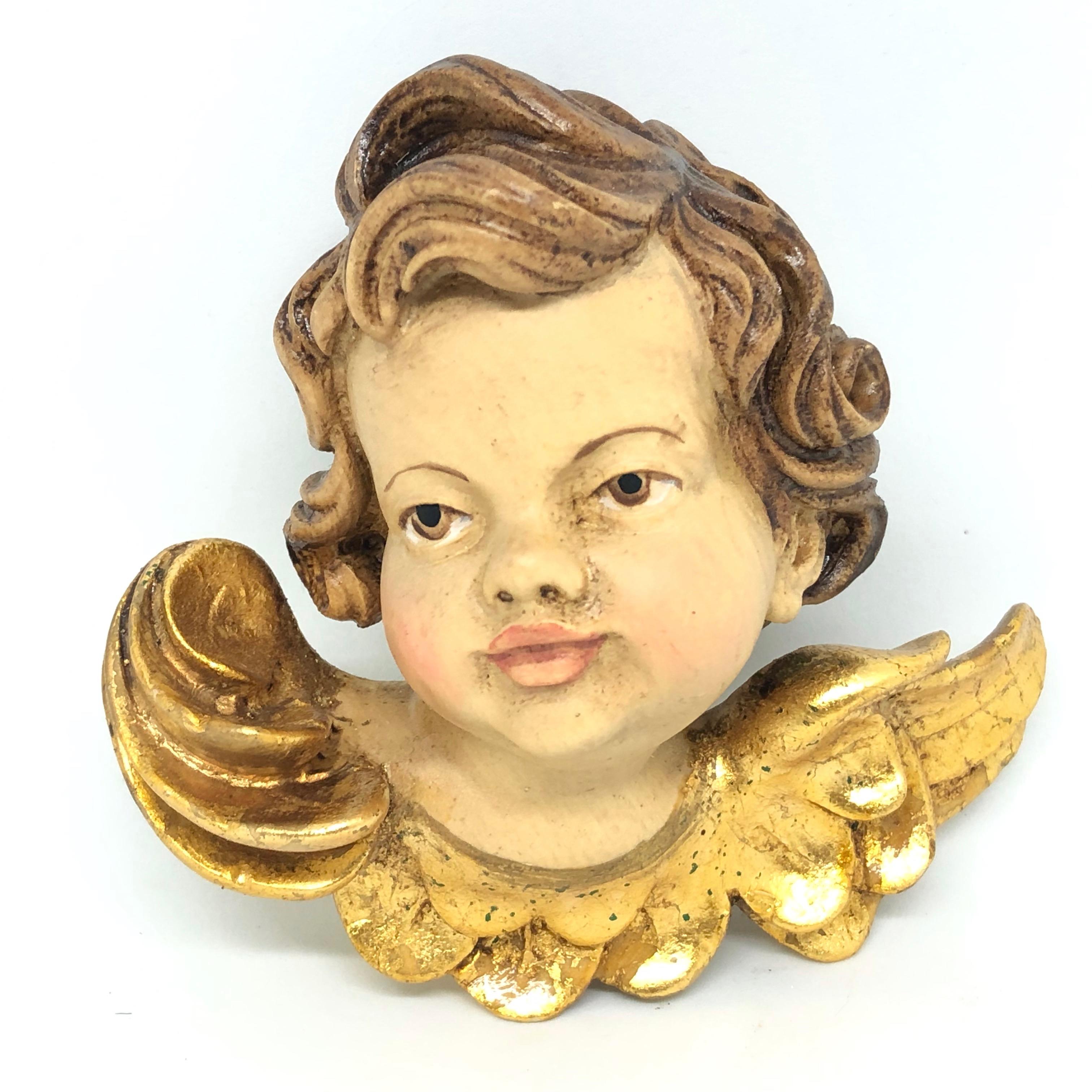 Pair of Hand Carved Cherub Angel Head, Anri, Italy, 1980s In Good Condition In Nuernberg, DE