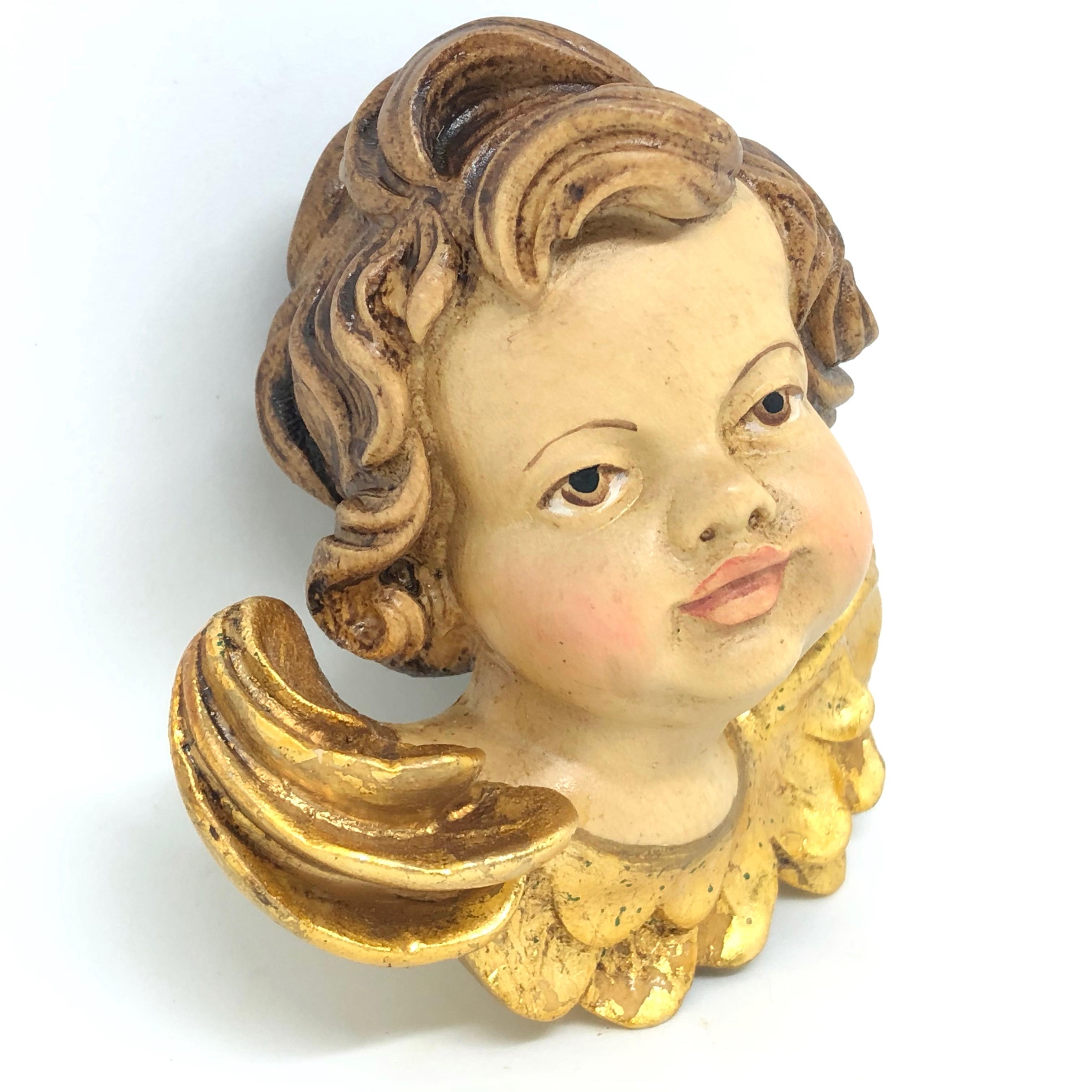 Wood Pair of Hand Carved Cherub Angel Head, Anri, Italy, 1980s