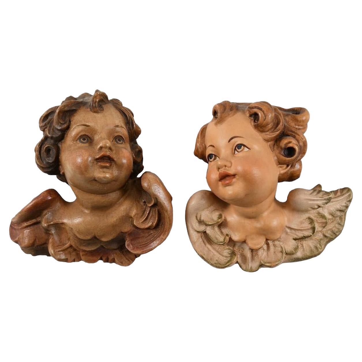 Pair of Hand Carved Cherub Angel Head, Anri, Italy, 1980s