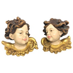 Pair of Hand Carved Cherub Angel Head W. Gilded Wings, German Oberammergau