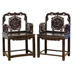 Pair of Hand Carved Chinese Ming Style Lacquered Arm Chairs, 20th Century