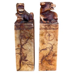 Pair of Hand-Carved Chinese Soapstone Zodiac Seals - Monkey and Ox.