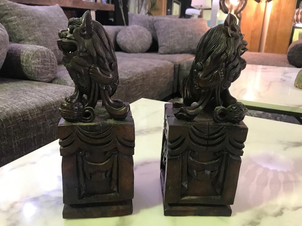 Pair of Hand Carved Chinese Wood Carved, Bone Inlay Foo Dogs, circa Early 1900s For Sale 1