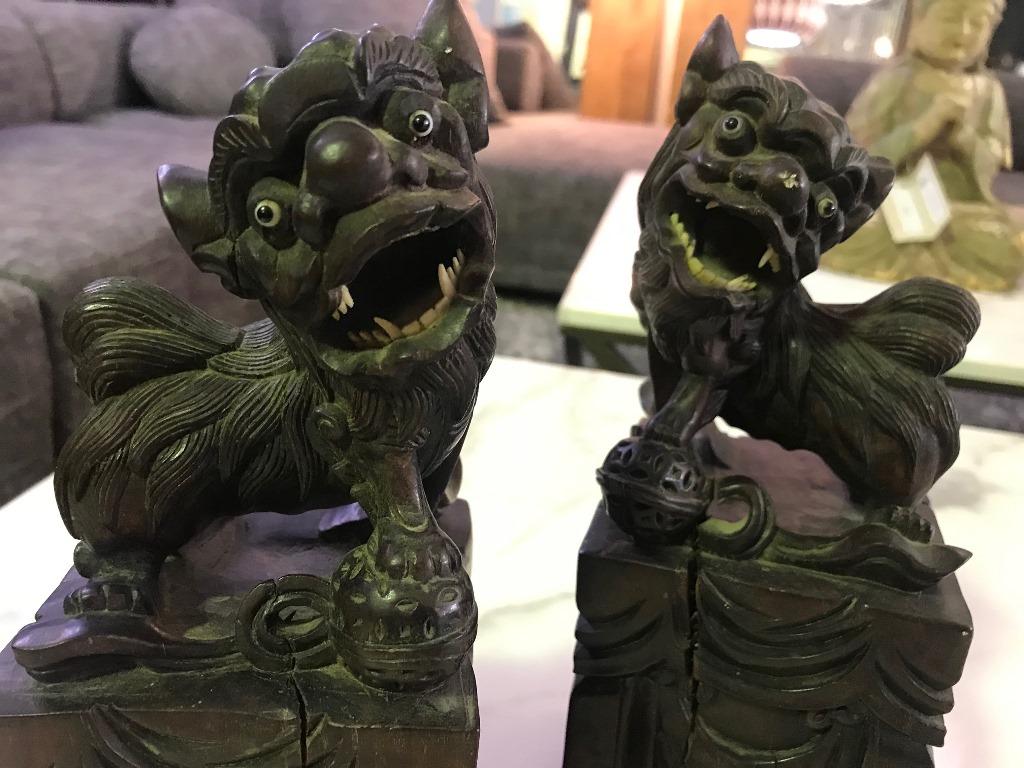 Pair of Hand Carved Chinese Wood Carved, Bone Inlay Foo Dogs, circa Early 1900s For Sale 3