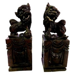 Pair of Hand Carved Chinese Wood Carved, Bone Inlay Foo Dogs, circa Early 1900s