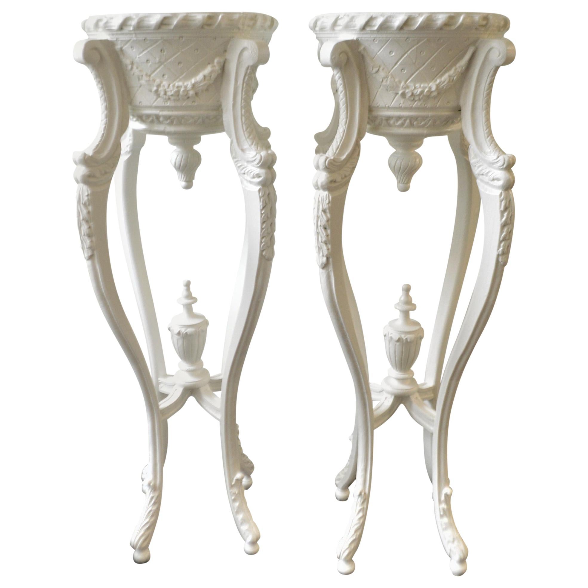 Pair of Hand Carved Decorative White Pedestals for Art or Plants