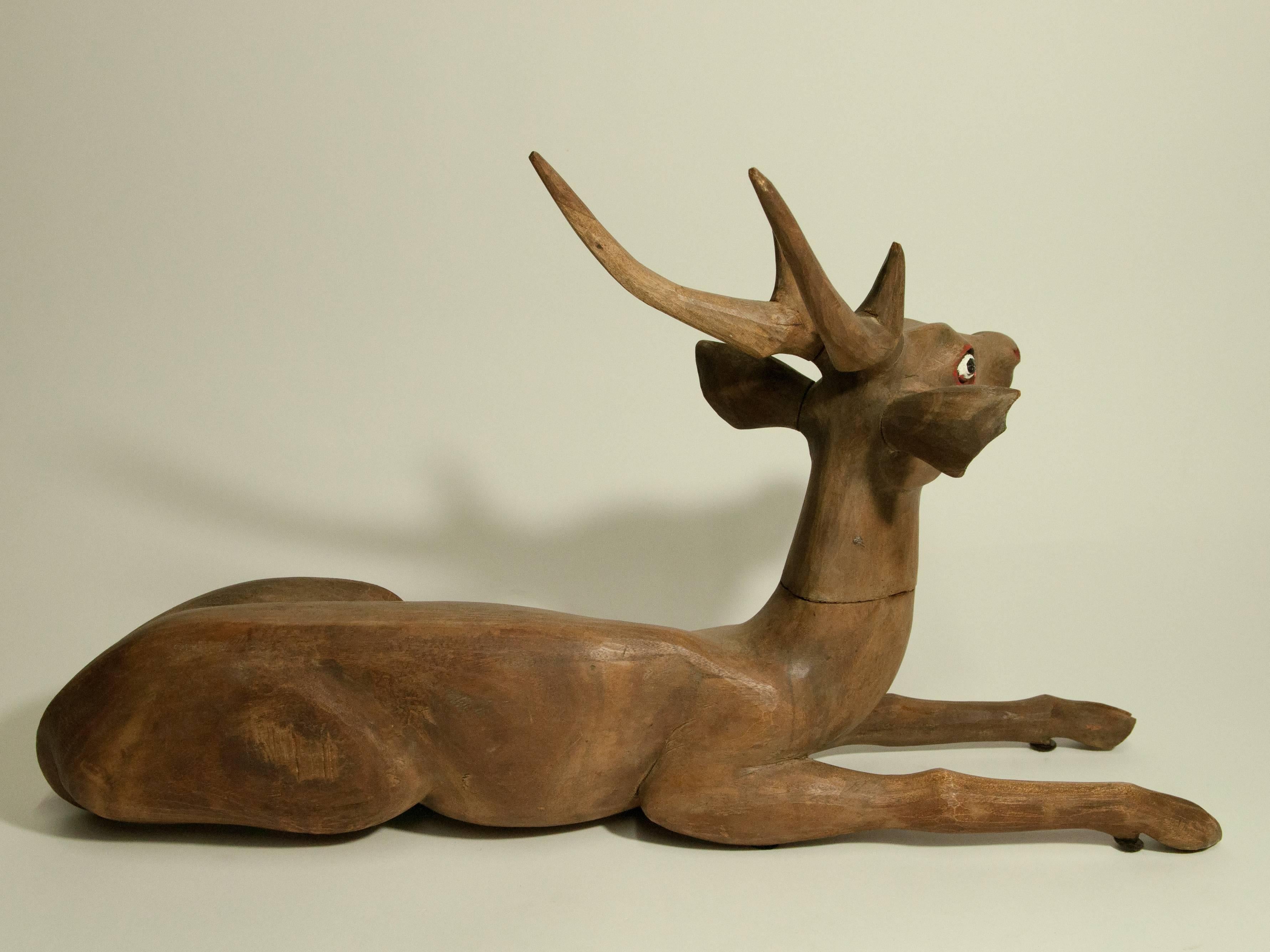 Hand Carved Deer, Pair of Teak Wood, Lombok Island, Indonesia, Late 20th Century In Good Condition In Point Richmond, CA