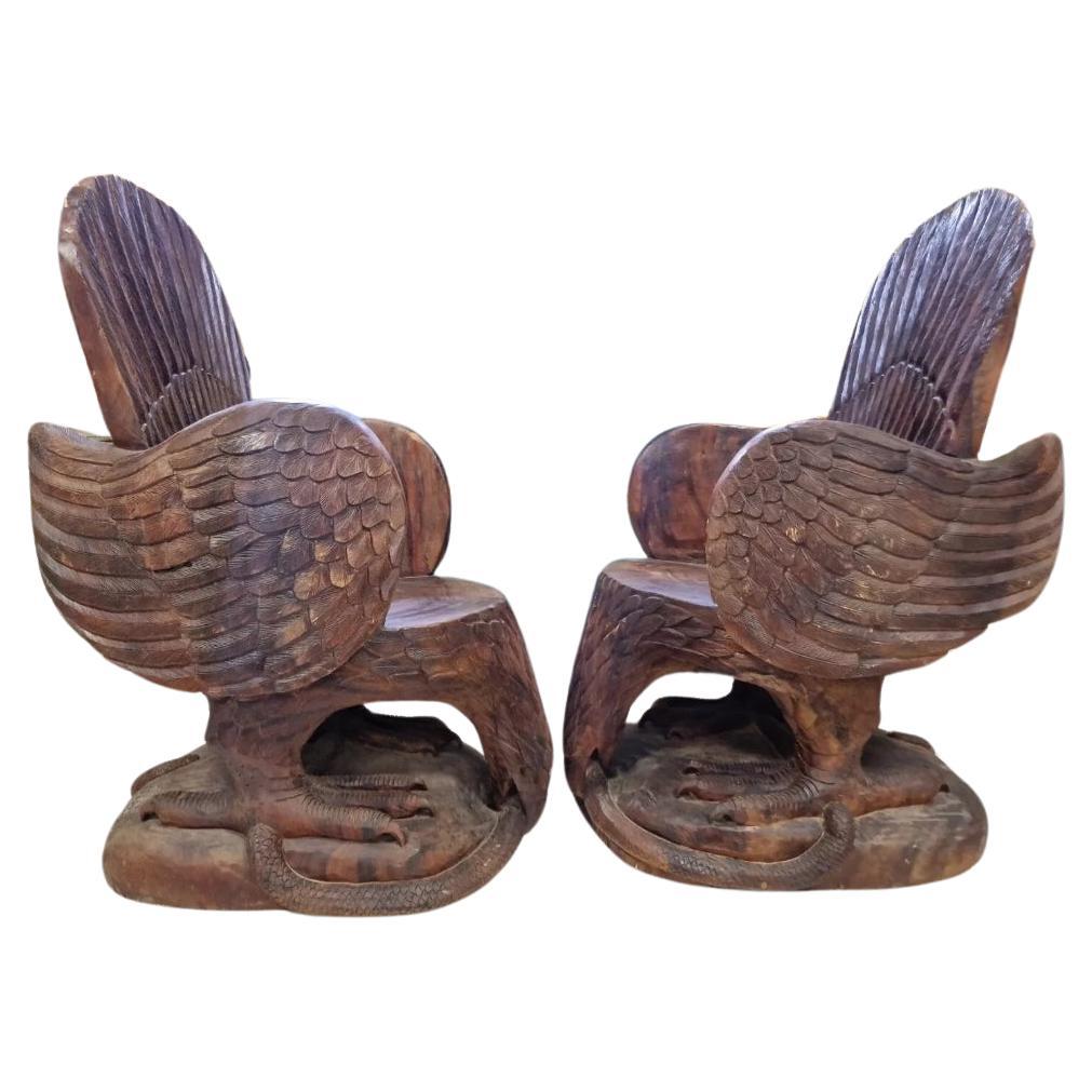 Pair of Hand Carved Eagle Throne Armchairs