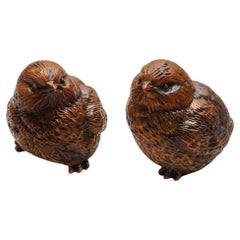 Pair of Hand-Carved East Asian Wooden Bird Sculptures, Wabi-Sabi Folk Art Object