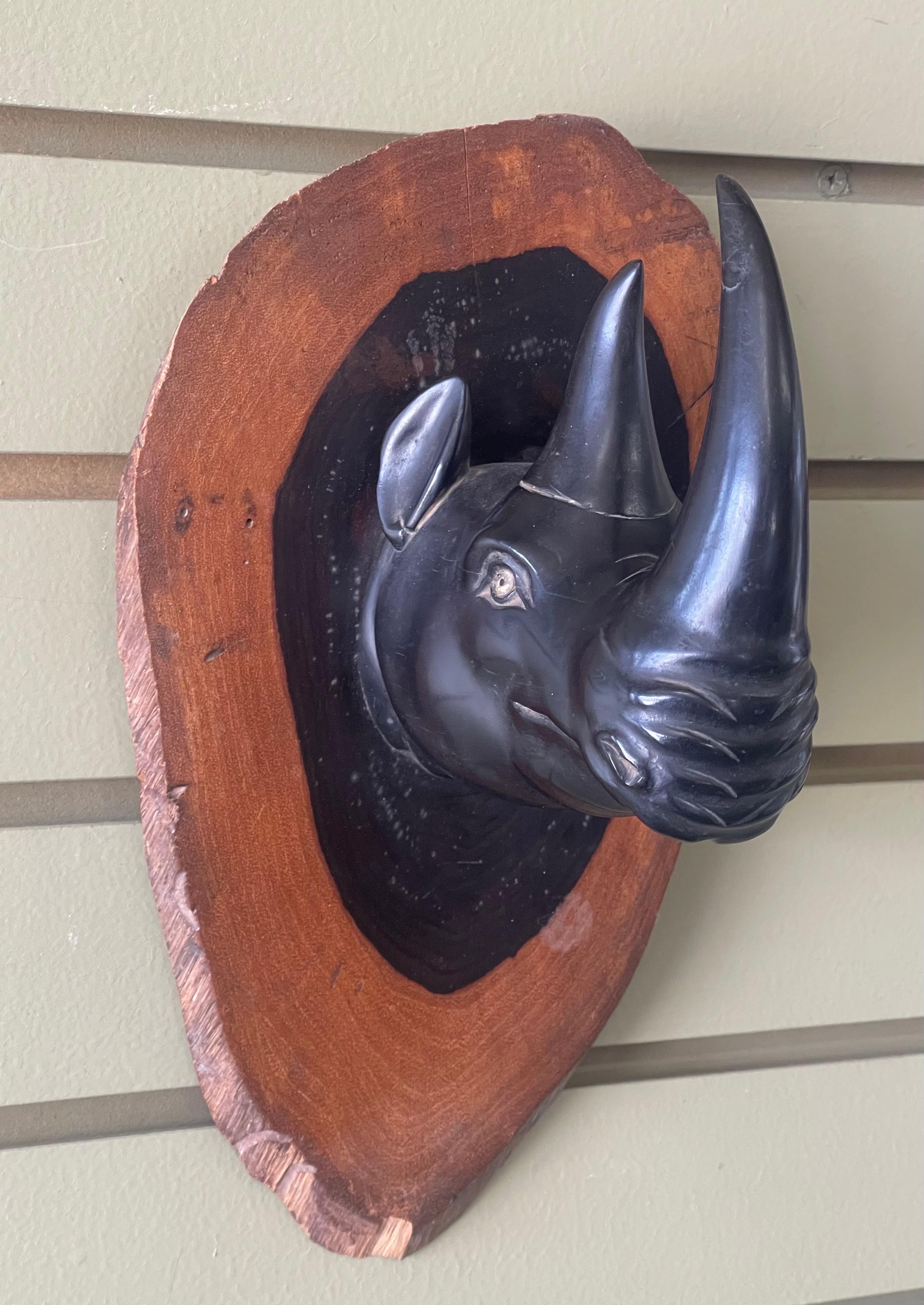 Pair of Hand Carved Ebony Rhino / Rhinoceros Wall Plaques / Sculptures For Sale 6
