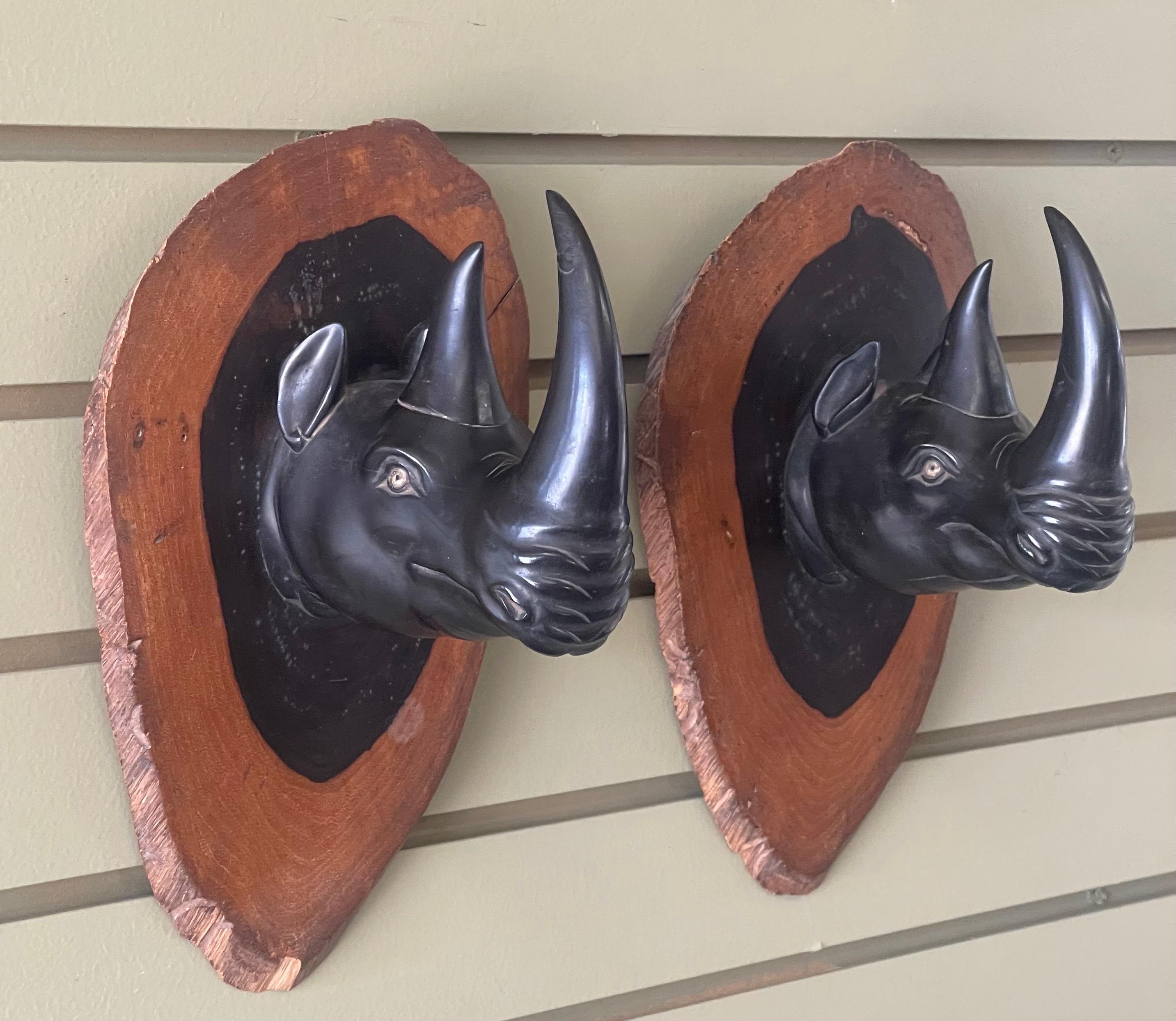 Pair of Hand Carved Ebony Rhino / Rhinoceros Wall Plaques / Sculptures For Sale 7