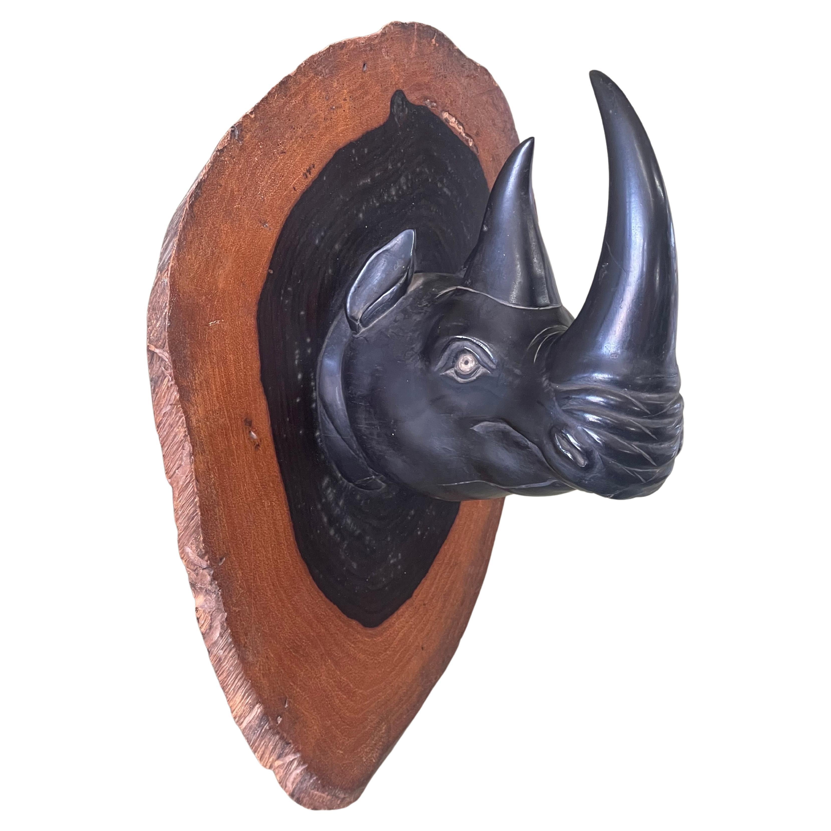 African Pair of Hand Carved Ebony Rhino / Rhinoceros Wall Plaques / Sculptures For Sale