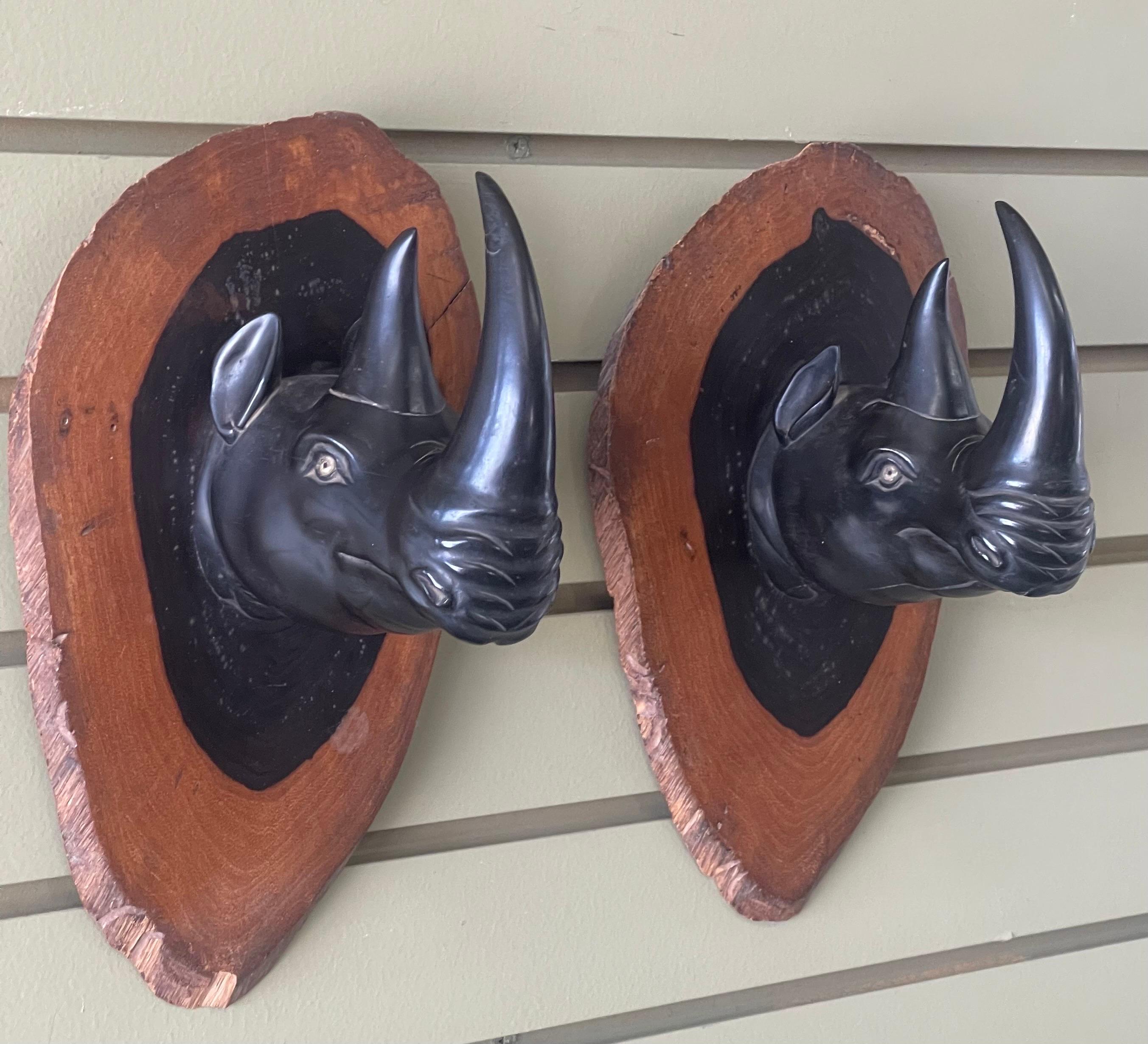 Hand-Carved Pair of Hand Carved Ebony Rhino / Rhinoceros Wall Plaques / Sculptures For Sale