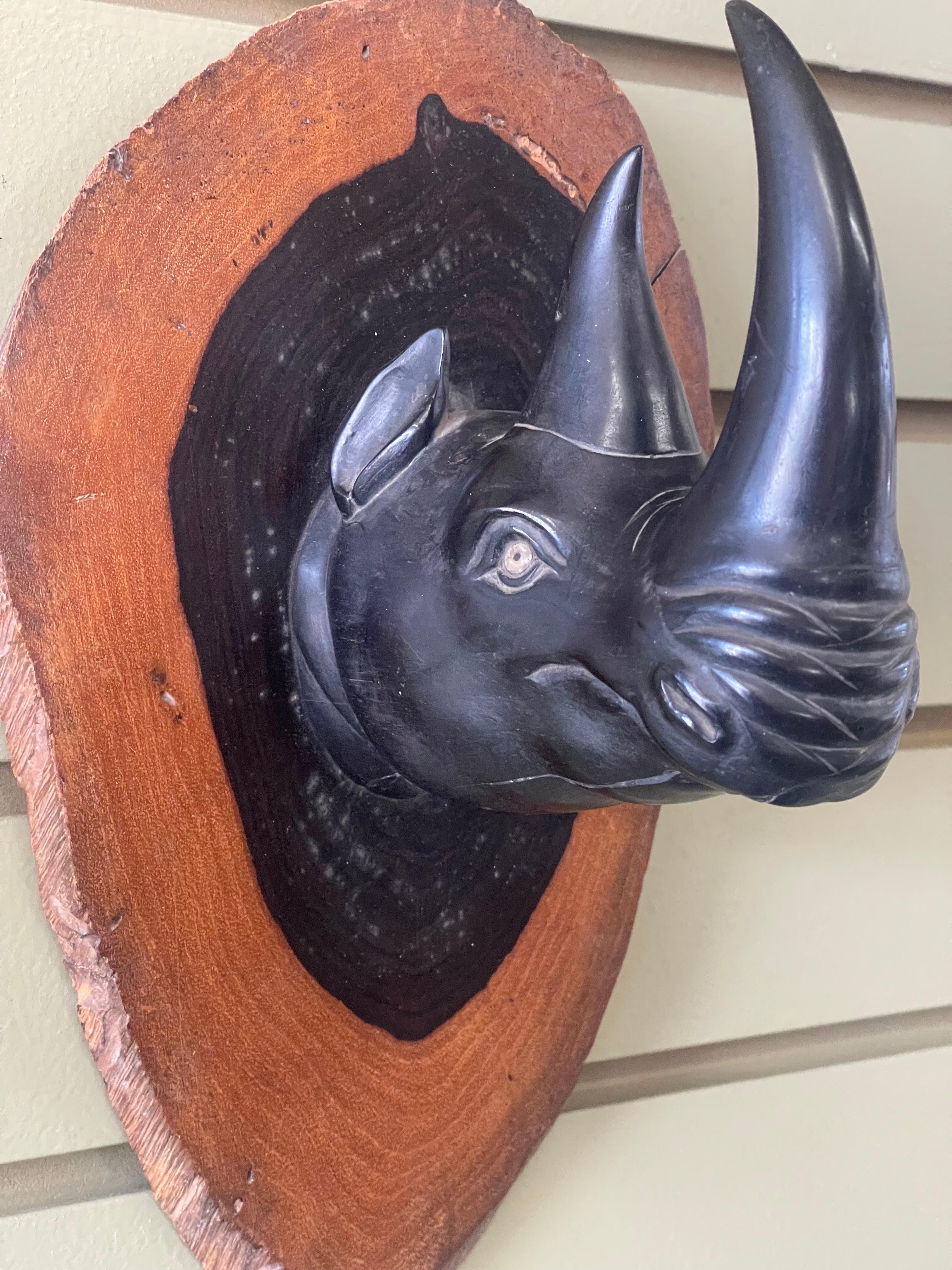 Pair of Hand Carved Ebony Rhino / Rhinoceros Wall Plaques / Sculptures For Sale 1