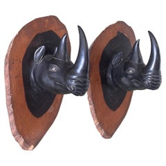 Pair of Hand Carved Ebony Rhino / Rhinoceros Wall Plaques / Sculptures