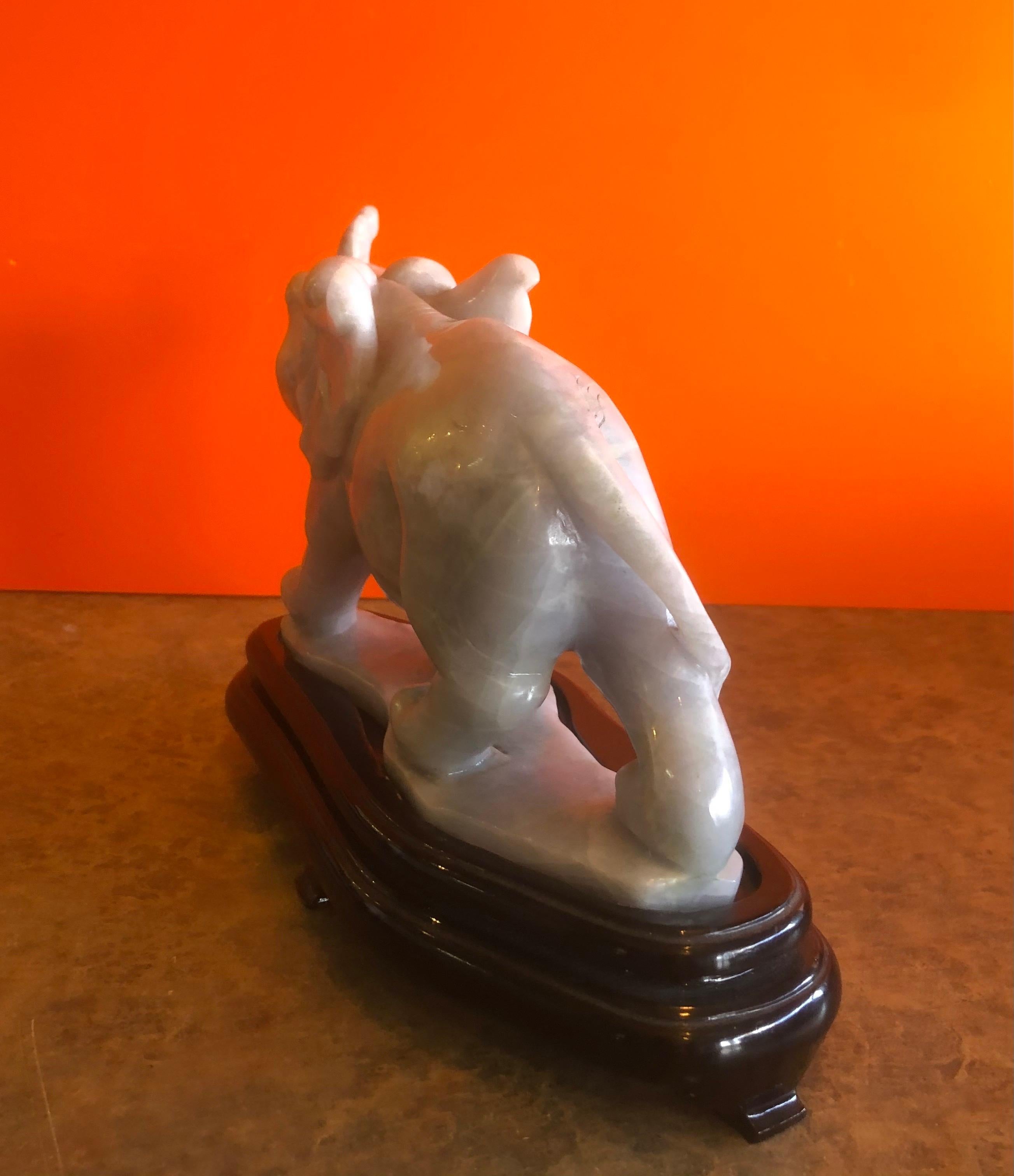 Pair of Hand Carved Elephant Sculptures on Bases in White Jade For Sale 6
