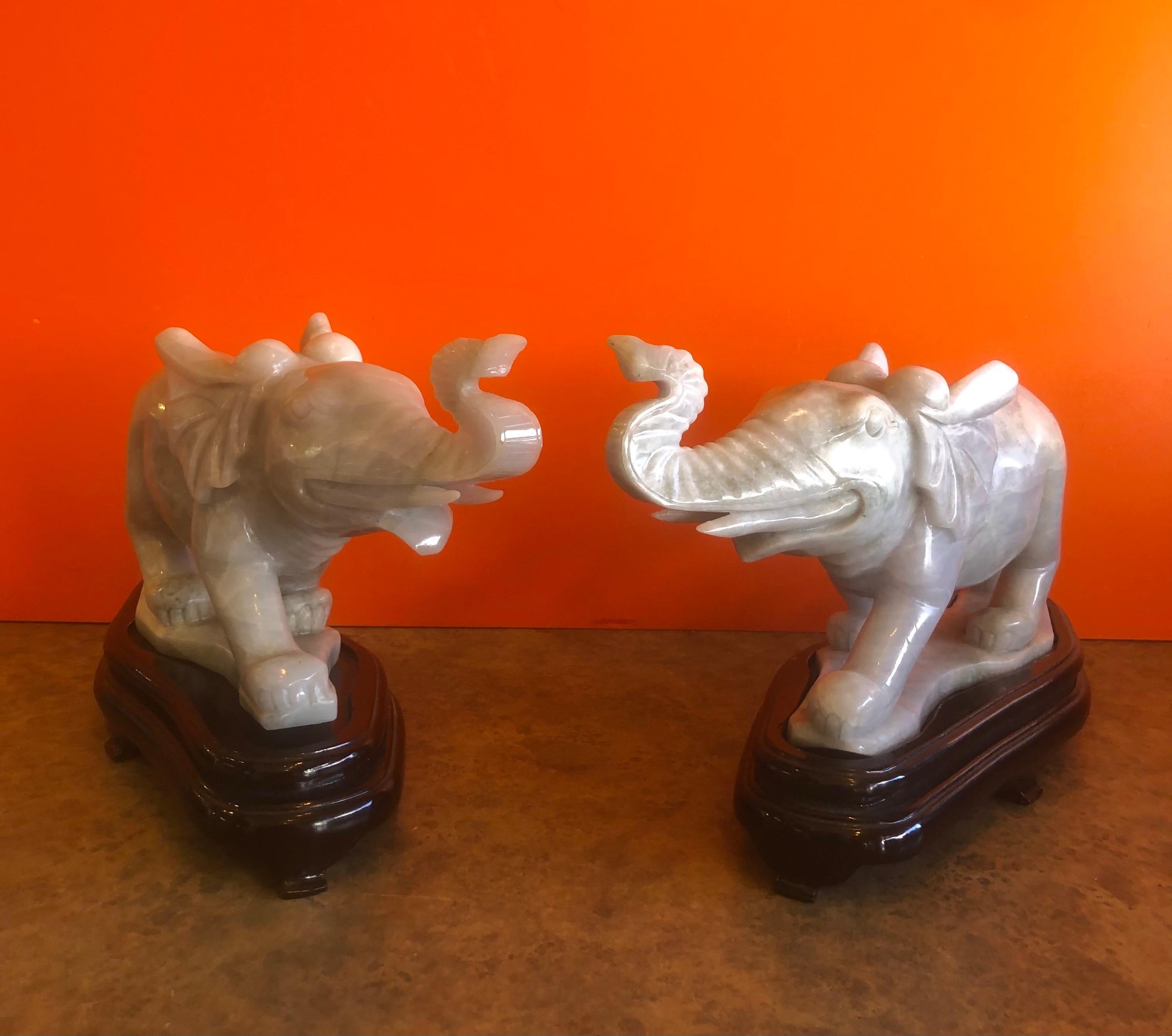 Pair of Hand Carved Elephant Sculptures on Bases in White Jade For Sale 7
