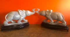 Pair of Hand Carved Elephant Sculptures on Bases in White Jade