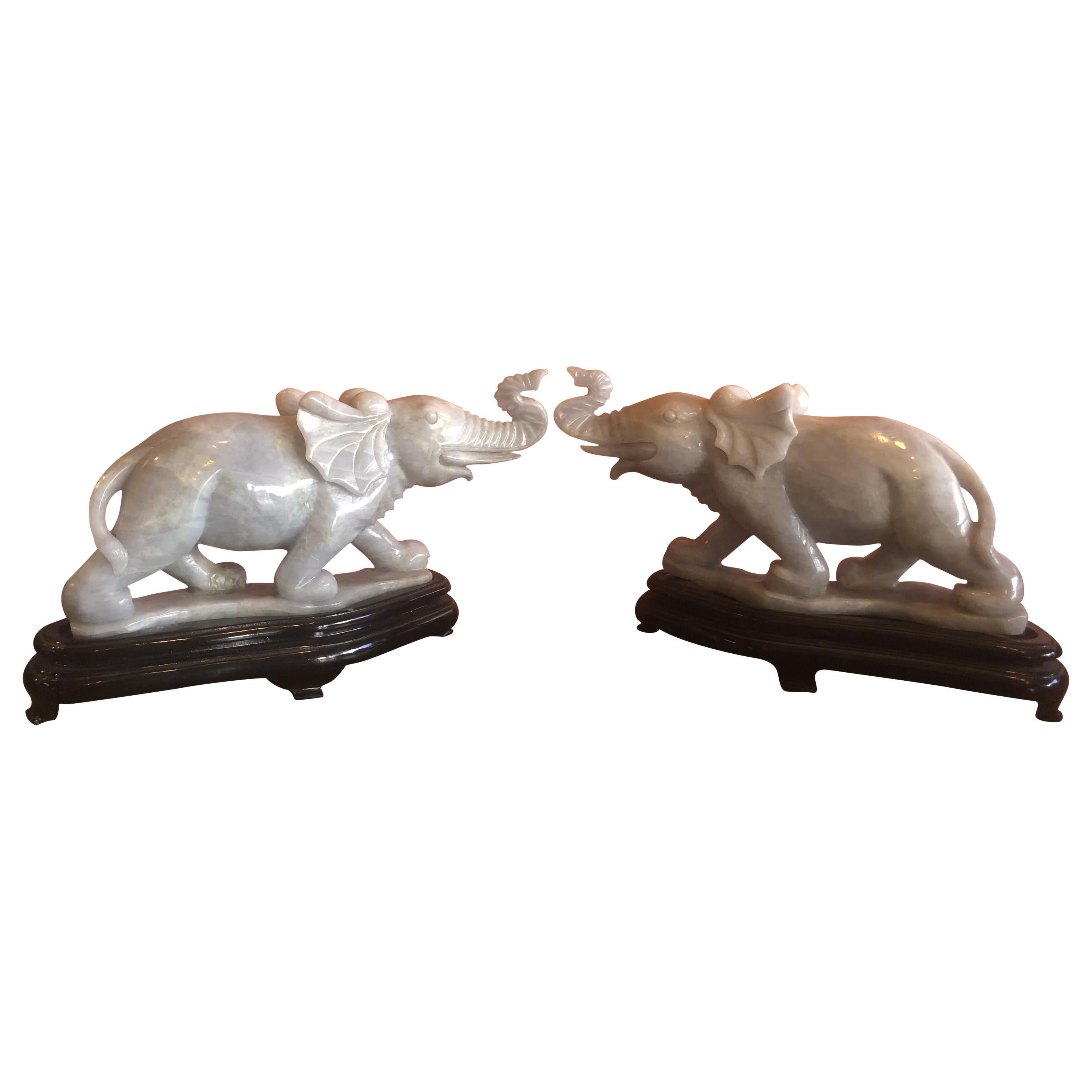 Pair of Hand Carved Elephant Sculptures on Bases in White Jade